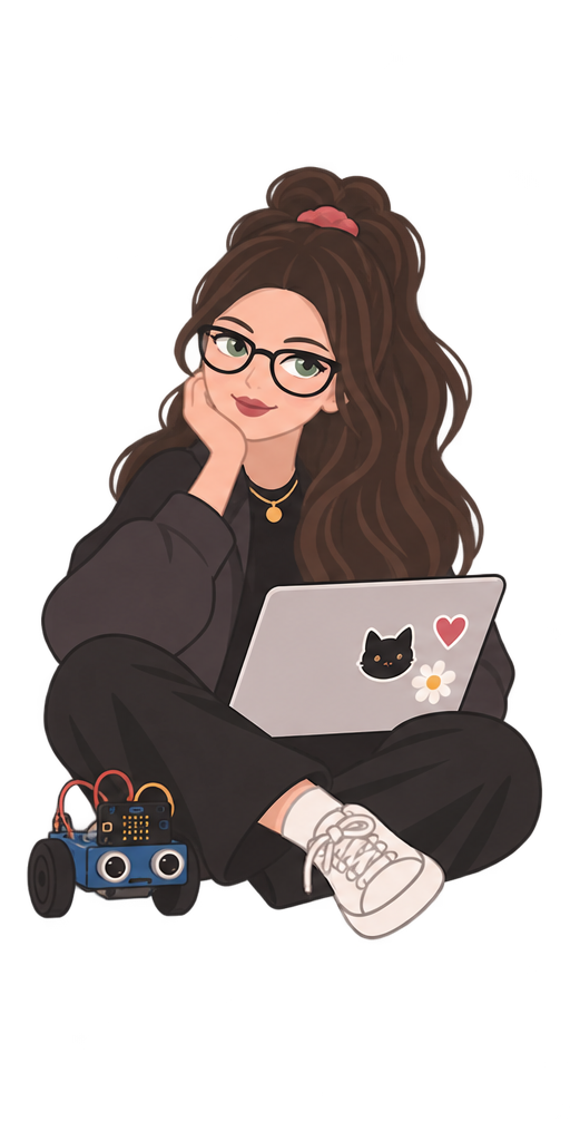 Illustration of Zoe with a laptop and a small robotics kit