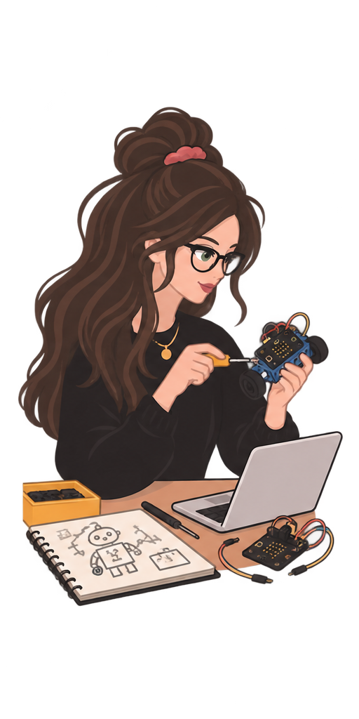 Illustration of Zoe reviewing research notes with a robotics kit and laptop