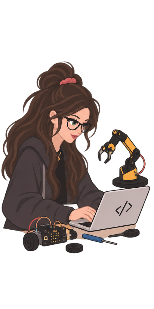 Illustration of Zoe coding at a laptop next to a robotic arm and a small robot